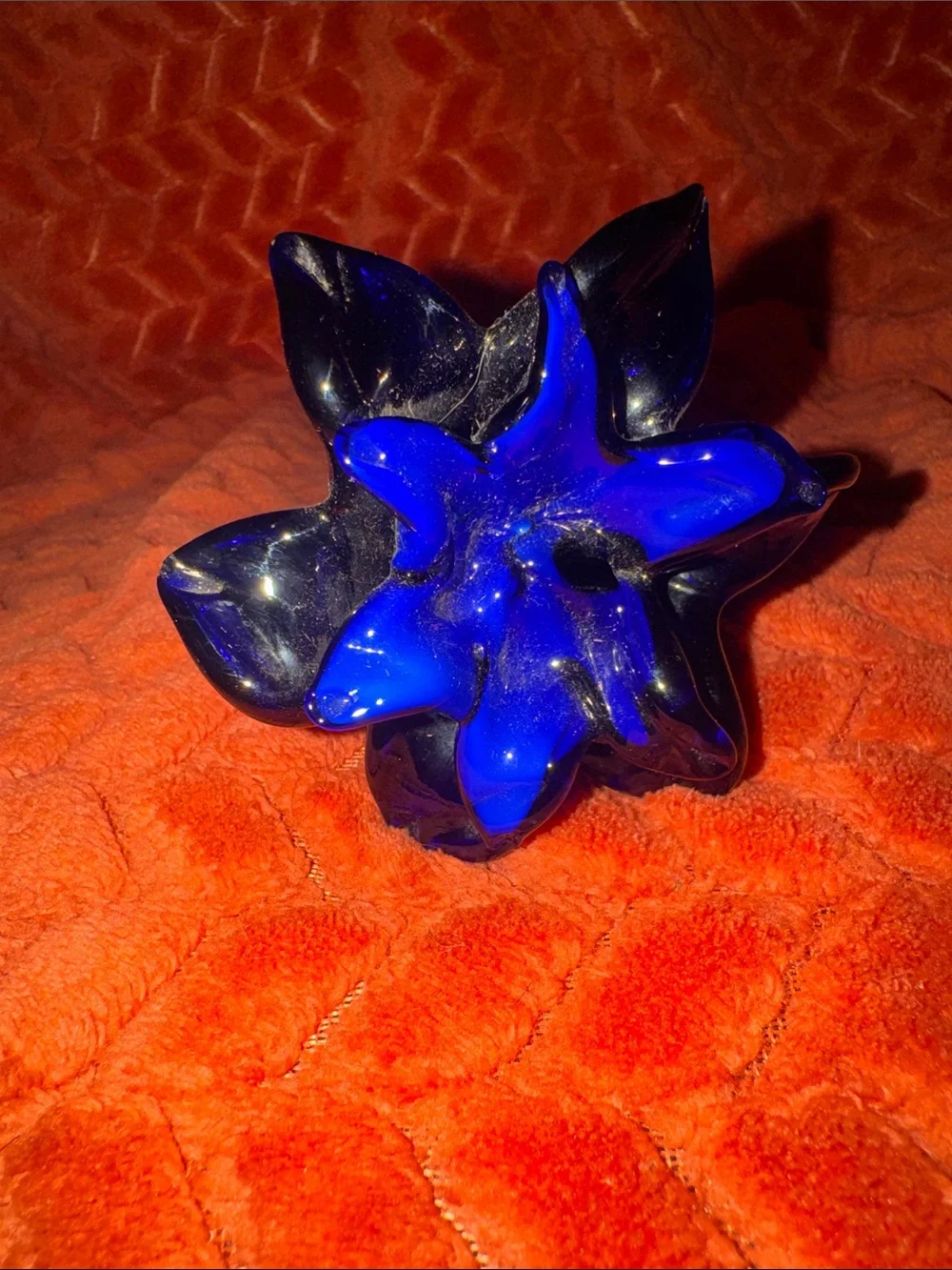 Exquisite Hand-Blown Art Glass Flower Sculpture | Deep Blue & Black Floral Art